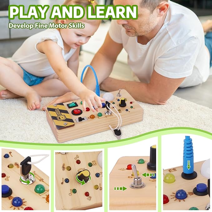 Busy Board with led Light， Sorting Sensory Travel Toys for Toddlers 1-3， Wooden Toddler Busy Board Montessori Toys for 1+ Year Old