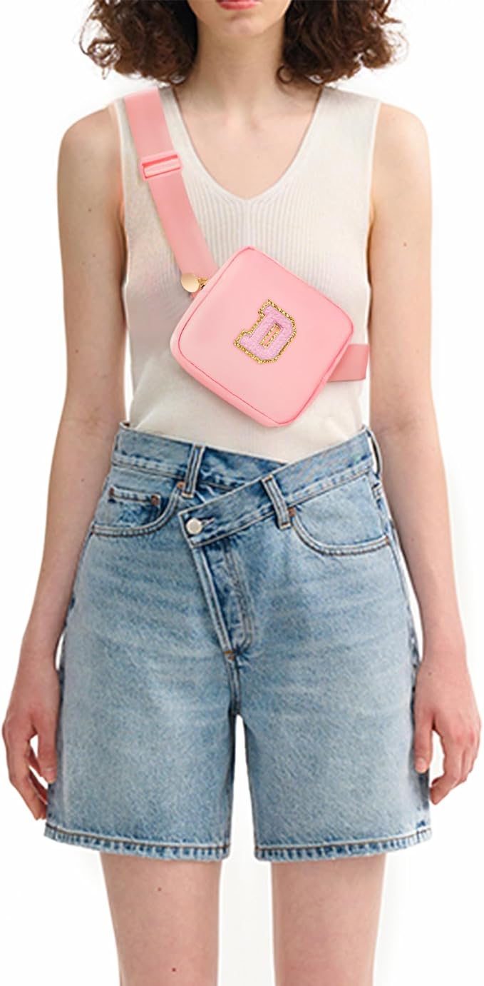 Mini Belt Bag Fanny Pack with Initials Letter Patch Small Crossbody Bags Cute Stuff Birthday Gifts for Teenager Girls Trendy Stuff for Teens - Initial D,Peach