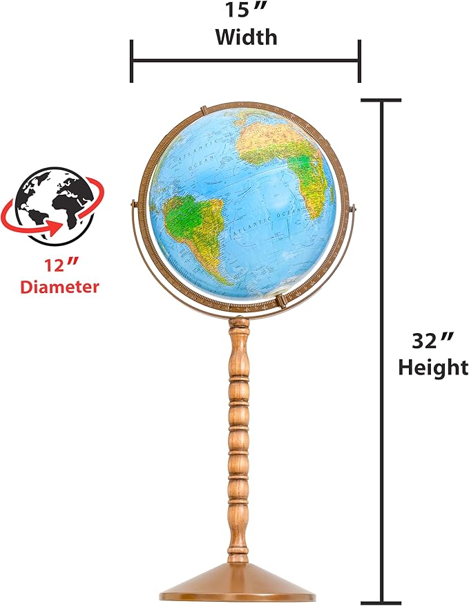Treasury 12" Diameter Blue Illuminated Globe, USA Cartography, Convertible to Desktop with Raised Mountain Relief and Sturdy Metal Base and Hand Turned Hard Wood Stand.This economical 12” floor model stands 32” high on a durable metal base and attracti...