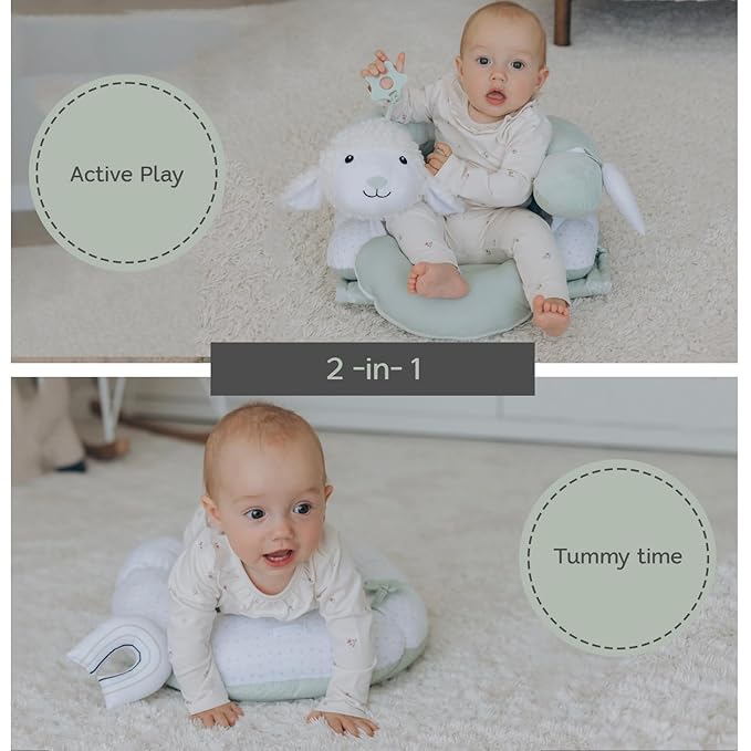 2-in-1 Tummy Time Mat and Seated Support with Sensory Toys – for Newborns and Babies – Includes Detachable Cushion for Supervised Play & Head/Neck Development (Sage)