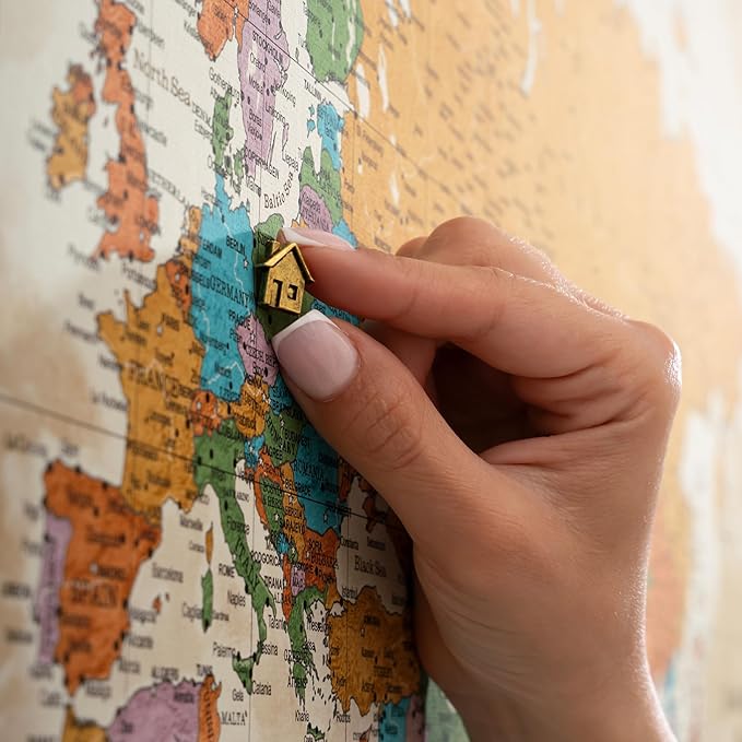 Canvas World Map with Cork Pin Board - English Lettering - Decorative Wall Decoration for All Rooms - Canvas Pictures with World Map Motif (70x50 cm, Pattern 3)