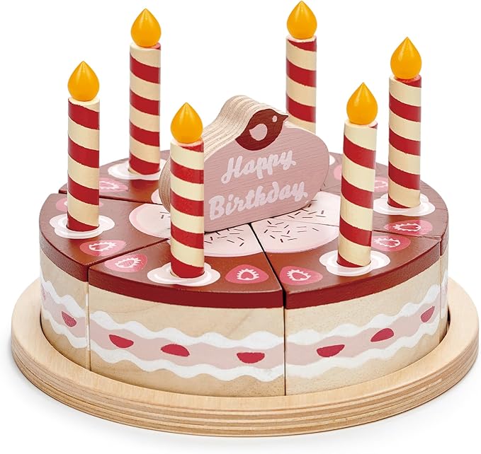 Tender Leaf Toys - Chocolate Birthday Cake - Pretend Play Food Toy with Candles and Plate, Birthday Party Decoration or Gift for Kids - Develops Social Skills and Imaginative Play for Kids - Age 3+