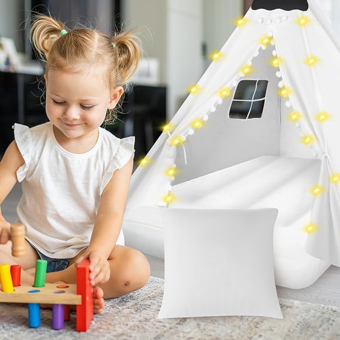 6 Pcs Kids Teepee Tent Bulk with Light String Inflatable Airbed Bedding Fitted Sheet and Markeable Small Blackboards for Boys Girls Indoor Outdoor Slumber Party (White)