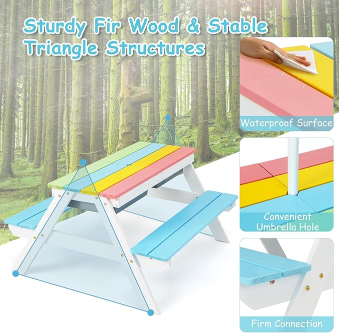 Costzon Kids Picnic Table with Sensory Bins, 4 in 1 Sand and Water Table with Height Adjustable Umbrella, Removable Tabletop for Outdoor Backyard Patio Play