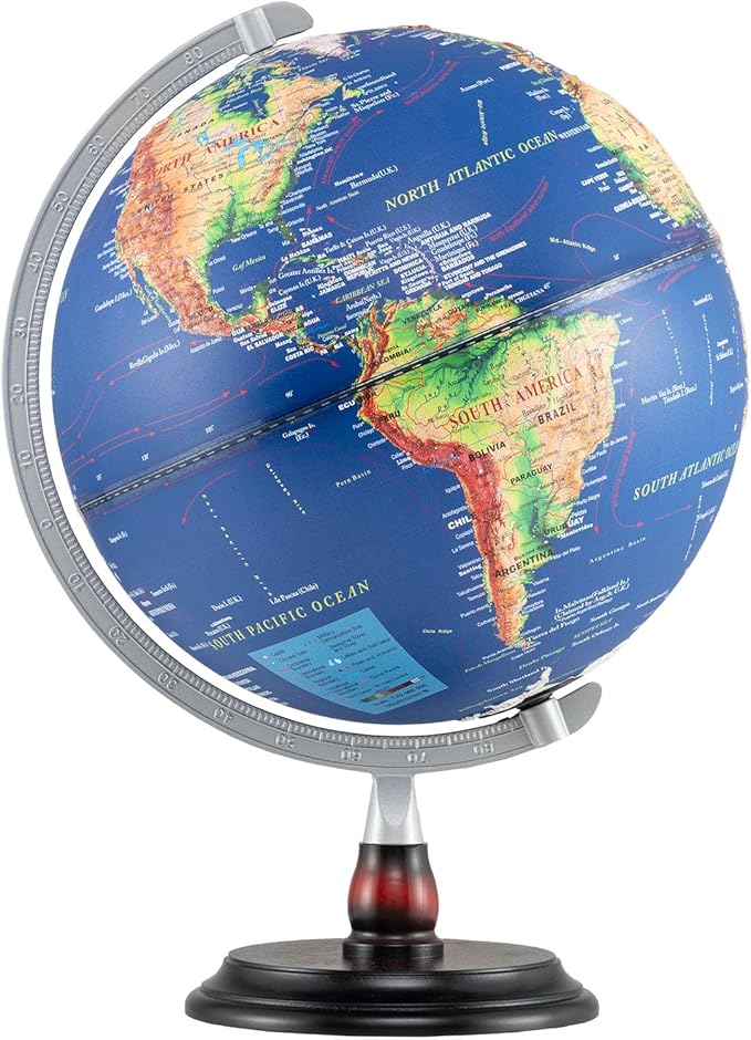 12" Illuminated World Globe, Desktop Globe with Raised Relief, LED Lights, Time Zone & Non-Slip Wooden Base, Geographic Terrain Globes for Decoration & Living Room (Navy)