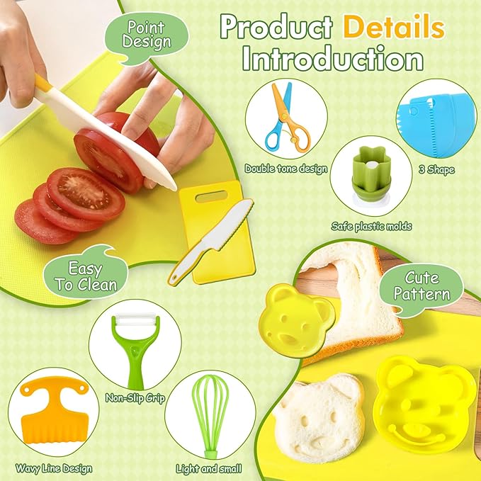 Chanking 17 Pieces Kids Knife Set for Real Cooking Child-Friendly Plastic Chef Tools, Montessori Kitchen Toys, Gifts for Boys and Girls Ages 3+