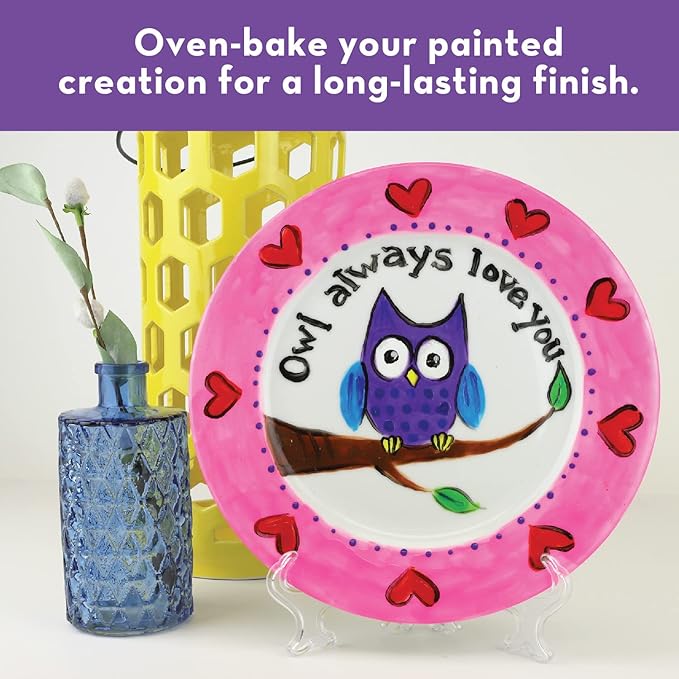 MindWare Paint Your Own Porcelain Plates - Kit Includes 2 Porcelain Plates, 12 Paints, 2 Paint Brushes, and 2 Stands