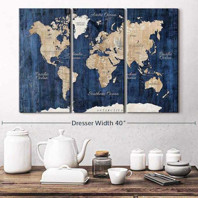 ElephantStock Aged Blue World Map II Canvas - 3 Panel Wall Decor - World Map Digital Art - Blue Wall Art - 33" X 20"