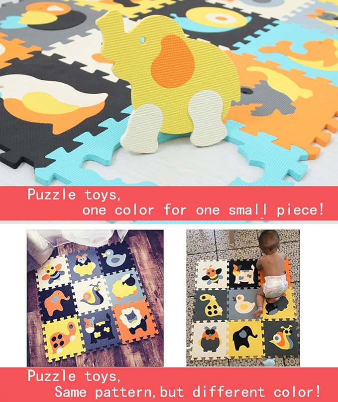 MQIAOHAM® 18 Pieces Puzzle Play Mats, Soft Baby Play Mat, Kids Interlocking Foam Floor Tiles, Toddlers Carpet Playmats Animal G301018-P051BH