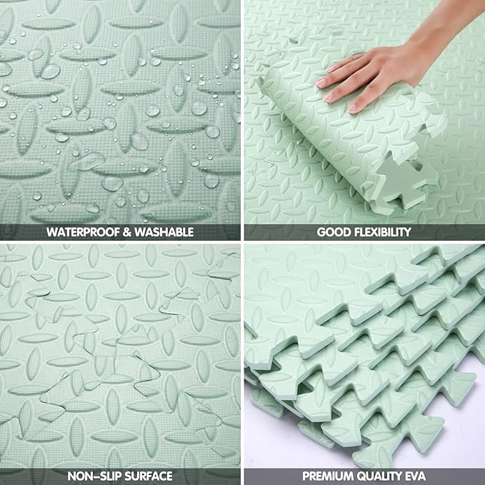 Coolcandy EVA Foam Play Mat, 16 Tiles Colorful Baby Play Mat, Square Kids Playmat with Solid Colored, 0.4" Thickened Interlocking Foam Floor Tiles, Puzzle Play Mat For Baby Lying, Playing (Bean Green)