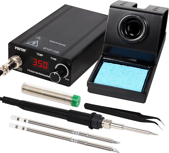 FEITA T12 Soldering Iron Station Kit Tool for Electronics, With 3 solder iron tip, 1 Soldering Wire & Stand, 1 ESD Curved Tweezer, Soldering Machine with Boost, Auto Sleep & Shutdown