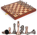 12-Inch Metal Chess Set Pieces – Wooden Chess Board Set Folding Travel Chess Sets,Metal Bronze & Silver Chessmen, Bonus 2 Extra Queens, Portable and Durable Classic Chess Game for Kids and Adults