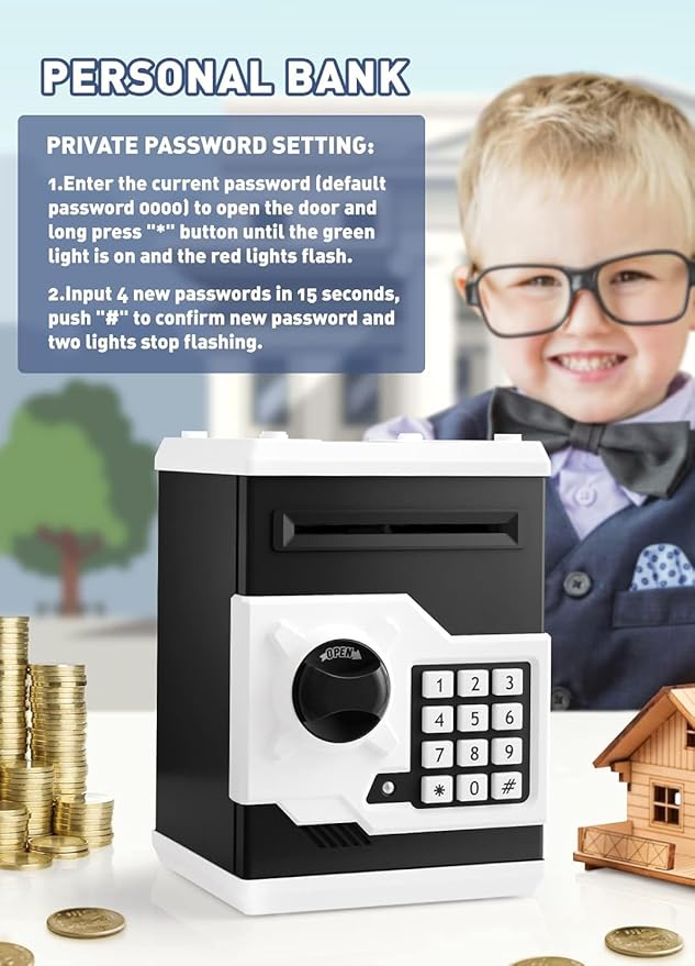 Piggy Bank for Girls Boys Large Electronic Money Coin Banks with Password Protection, Automatic Paper Money Scroll Saving Box, Great Gift for Kids(Black-White)