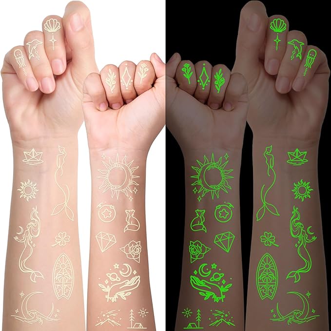 Luminous Temporary Tattoos for Adults, 60 Sheets Glow In The Dark Fake Tattoos for Face Hands, Lines Flowers Stars Moon Bohemian Design