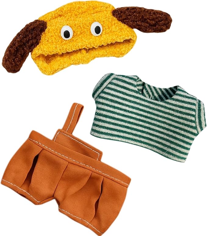 17cm Doll Clothes | Fashion Kawaii Chic Style Set for Dolls | 3-Piece Outfit with Green Striped Top, Brown Overalls & Yellow Puppy Hat (NO Doll)