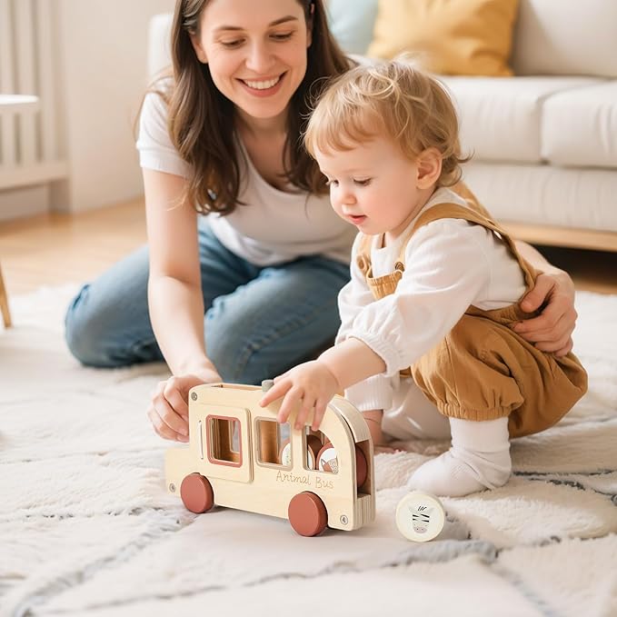 Wooden Animal Bus Toy with 3 Removable Animal - Shaped Discs, Designed with Pop Up, Roll and Ride Toy for Toddler Aged 3 Years and Up, Interactive Montessori Educational Toy for Toddlers' Daily Play
