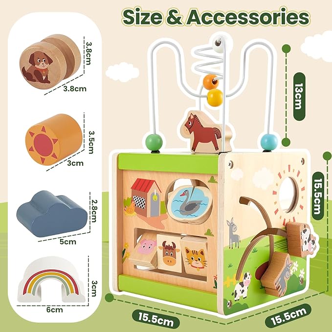 Buyger Wooden Activity Cube Montessori Toy for 1 2 3+ Year Old, 6 in 1 Shape Sorter Sensory Toys Early Learning Educational 1st Birthday Gifts for Kids Baby Boys Girls