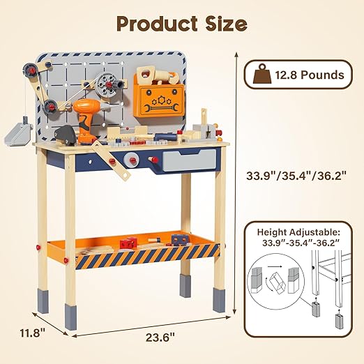BIERUM Kids Tool Bench - Wooden Toddler Tool Bench Set with Realistic Tools, Workbench for Kids Ages 3+, Pretend Play Construction Workshop for Toddlers, Educational Toy Gift for Boys and Girls