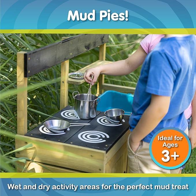 TP Toys Mud Play Kitchen For Kids - Indoor, Outdoor Wooden Toy Toddler Kitchen Playset with Accessories, Durable, Weatherproof, Removable Sink, Chalkboard, Wood Burner Stencils, Easy Assembly, Ages 3+