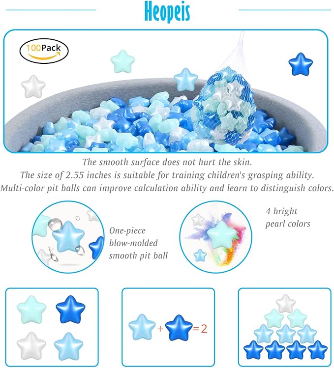 Ball Pit Balls Pack of 100 200 500 - Star and Round Set BPA Free Phthalate Free Non-Toxic Crush Proof Play Balls Soft Plastic Balls for Toddlers Baby Kids Birthday Pool Tent Party