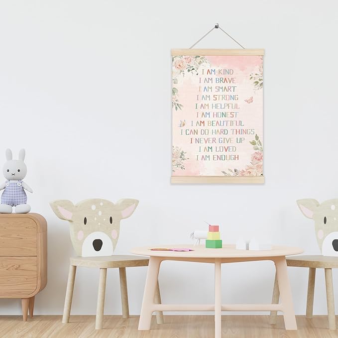 Koesus Inspirational Girls Nursery Wall Art Poster Hanger Frame 12x16 Inch, Boho Pink Floral Positive Affirmation Canvas Pictures Prints Framed Wall Decor for Toddler Girls Room Nursery Playroom