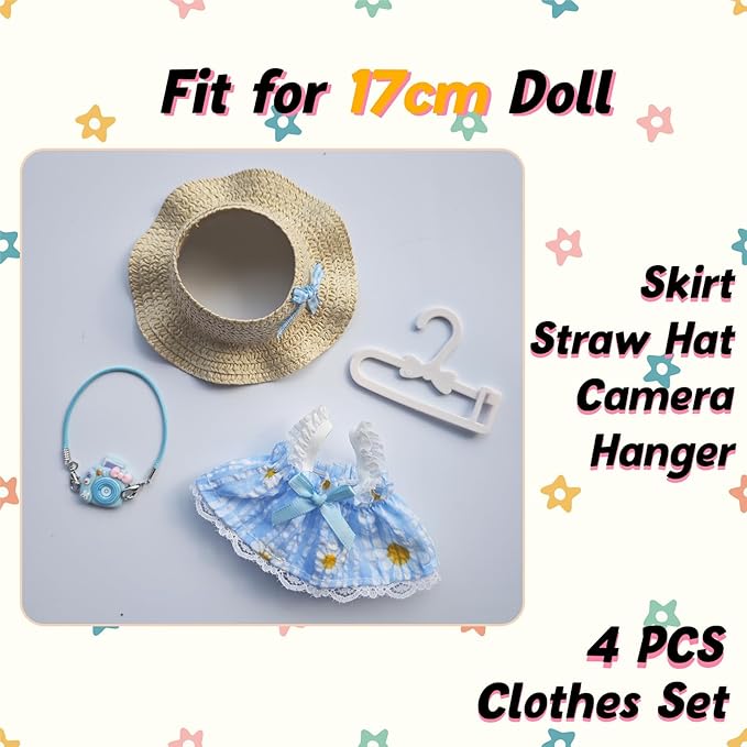 17cm Doll Clothes Set, Cute Girls Outfits and Straw Hat, 4 PCS Cute Hat & Blue Dress Set Stylish Outfits Exquisite Accessories