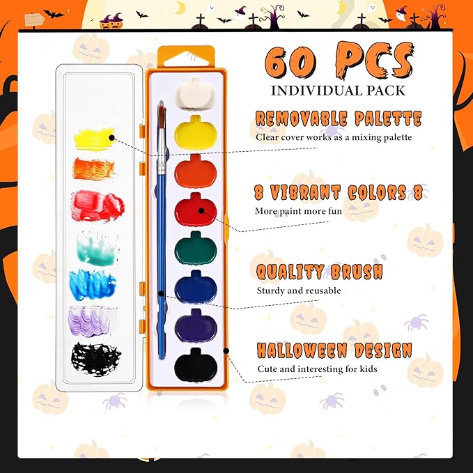 Halloween Pumpkin Watercolor Paint Set for Kids 8 Washable Colors with Brushes Water Color Painting Kit for Halloween Painting Kit Gift Party Supplies (60 Pack)
