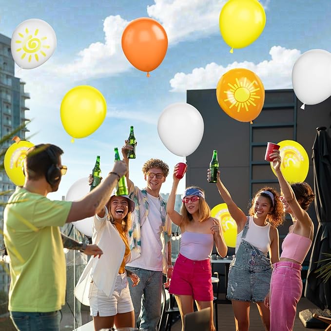 FEYG Sun Balloons, 12 inch Yellow Orange White Latex Balloons Boho Rainbow Sunrise Printed Latex Balloons Half Sun Sunshine Balloons for Sun Party Birthday Baby Shower Decoration Supplies