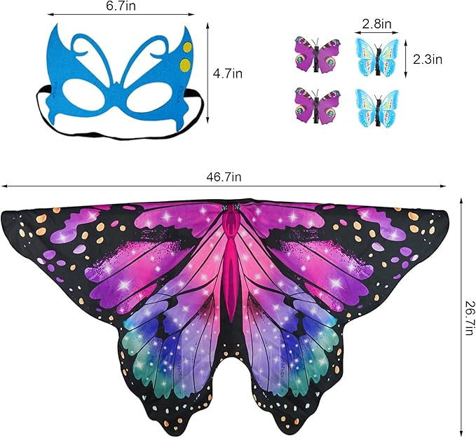 Butterfly Costume for Girls Fairy Wings Kids 4 Pcs(Cape,Skirts,Masks,Hair Clips) Butterfly Wings for Halloween Gifts