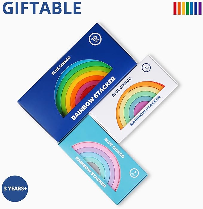 BLUE GINKGO Silicone Stacker - Montessori Rainbow Nesting Puzzle | Kids and Toddler Stacking Toy | 6 Layer Rainbow Puzzle, Sensory Toys - Matte