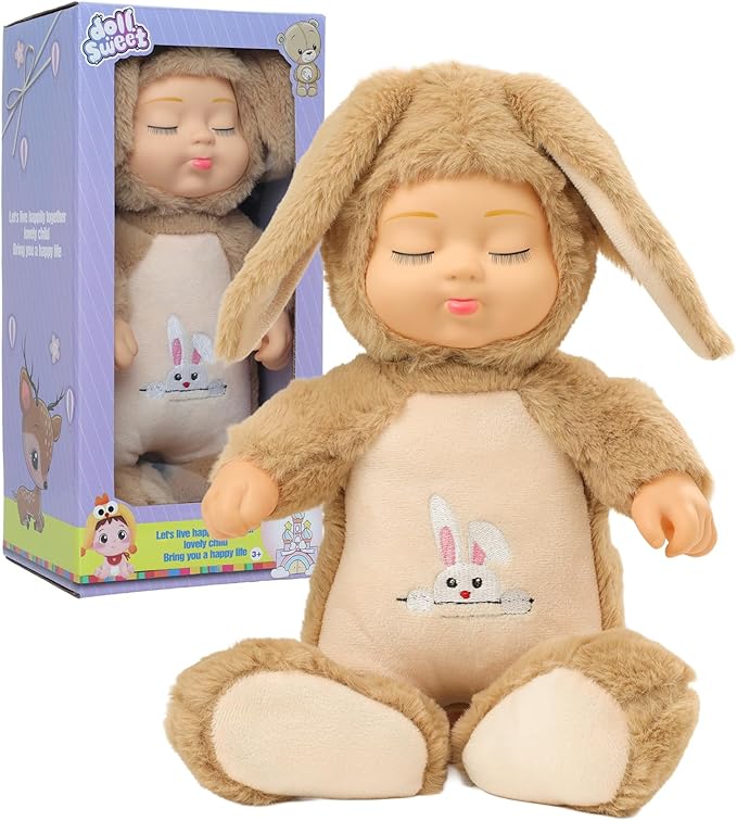 Plush Animal Toys,Interactive Singing Plush Rabbit Doll,14in soft plush closed eye sleeping newborn baby doll,with interactive music box that sings,removable hat.suitable for children aged 3+.