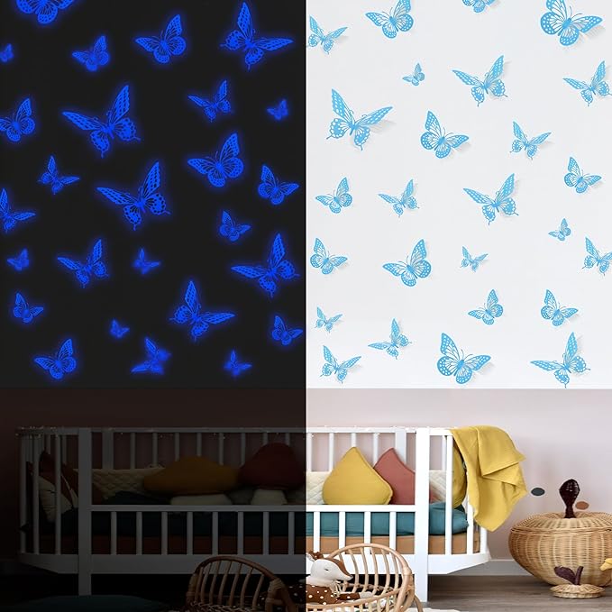 SAOROPEB Glow in The Dark 3D Butterfly 24 Pcs 3 Sizes, Luminous Butterfly Stickers for Ceiling or Wall, Glow in The Dark Party Supplies, Removable Luminous Stickers for Kids Babys Nursery (Blue)
