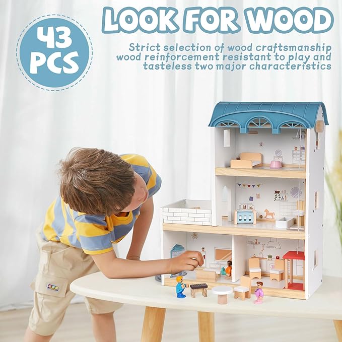 Wooden Dollhouse for Kids, Wood Doll Houses,Three-Story Dollhouse with Furniture & Accessories, DIY Pretend Play House with 3 Toy Figures, Gift for Toddlers & Young Girls Boys