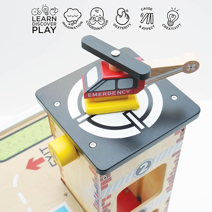 Le Toy Van Wooden 3 Storey Fire & Rescue Garage Toy Car Play Set, Vehicle Role Play Toys, Suitable for 36+ Months, TV453
