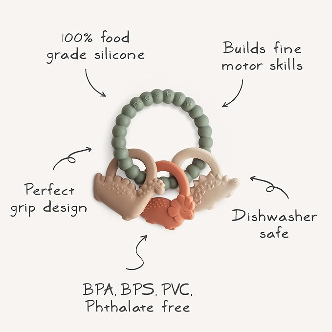mushie Silicone Dino Teething Ring Toy