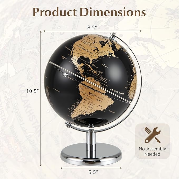 8" World Globe, Black Earth Globe with Gold Accents, Metal Stand, Non-slip Base & Time Zone, Decorative Tabletop Desk Globes for Classroom, Office & Home
