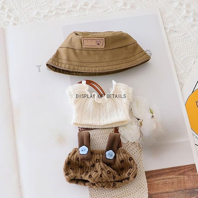 Doll Clothes Outfit Set Compatible with Labubu Cute Hat, Top & Overalls Fits 17cm (6.7 Inches) Dolls Dress Up Accessories for Dolls DIY (No Doll) (Brown)