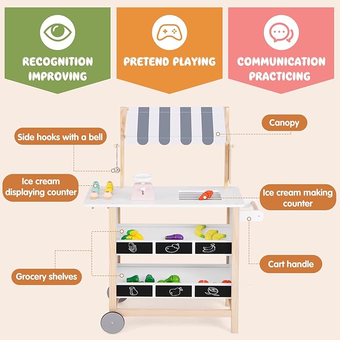HONEY JOY Kids Ice Cream Cart, Wooden Grocery Store Playset w/6 Pieces Play Food, Realistic Bell & Food Scale, Chalkboard, Pretend Play Dessert Shop Counter Stand Truck, Gift for Boys Girls