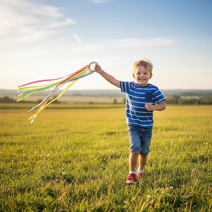 Sumind 6 Pcs Rainbow Ribbon Hand Kites Wands for Kids Dancer Streamer String Toy Thrown Waldorf Wand with Wooden Ring Wand Learning Educational(Fresh Colors)