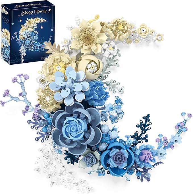 Blue Moon Flower Building Set, Botanical Collection Crescent-Shaped Artificial Flowers Building Blocks Kit Compatible with Lego for Adults Home Décor Wall Art Decoration