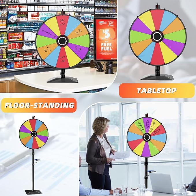 Heavy Duty Prize Wheel, 24 Inch Dual Use Prize Wheel,Adjustable Tabletop & Floor Stand, 12 Slots,1Bracket, Dry Erase Kit - Wheel of Fortune Game for Carnival, Casino & Trade Show.
