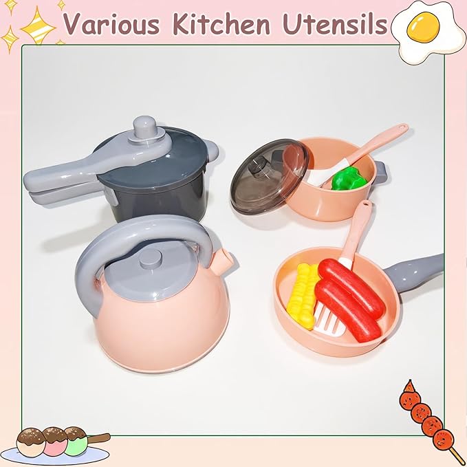 Kids Kitchen Toy Accessories, 61PCS Toddler Pretend Cooking Play Pots, Kitchen Playset, Play Pots, Pans, Utensils Cookware Toys, Play Food Set, Vegetables, Learning Gift for Girls Boys (Pink)