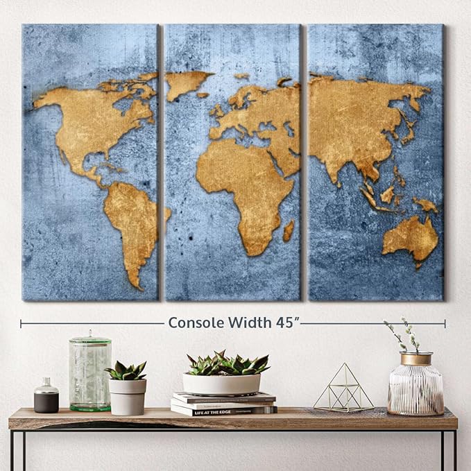 ElephantStock Azure World Map Wall Art Multi Piece Canvas - 3 Panel Wall Decor - Map of the World Art - Canvas for the Office and Home - 45" X 28"