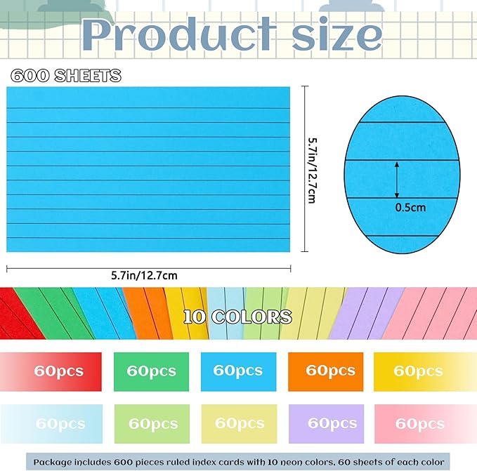Tecmisse Index Cards 3 x 5 Colored, 600 PCS Colorful Flash Index Card, Note cards, Study Cards, Flash Cards for Studying, Taking Notes, To Do List, 10 Colors