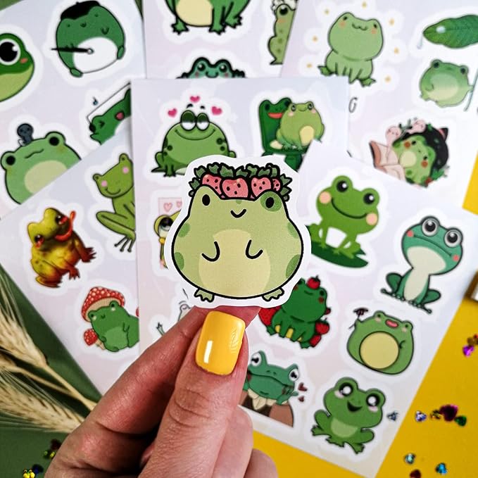 BulbaCraft Kawaii Frogs Stickers Set, 50 Pcs Green & White Vinyl Decals for Kids, Waterproof, Scratch Resistant, Indoor Usage, Single Use, Water Bottle, Laptop, Scrapbook, Journal, Frog Theme