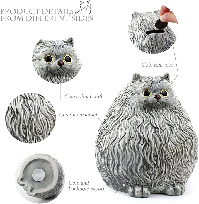 Winsterch Ceramic Piggy Bank for Boys and Girls - Money Saving Box for Kids and Adults, Grey Cat Design, 7.49 x 5.9 Inches