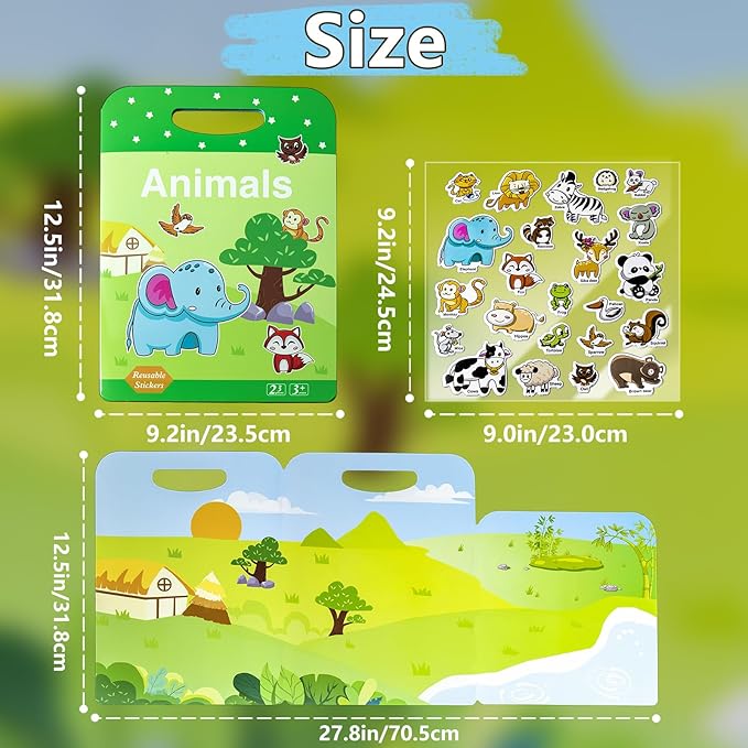 3 Pack Reusable Sticker Books for Kids, Waterproof Puffy Stickers - Match the Shape and DIY Scene, Toddler Travel Essential Quiet Time Activities Toys - Dinosaur, Animal and Insect (2-6 Age)