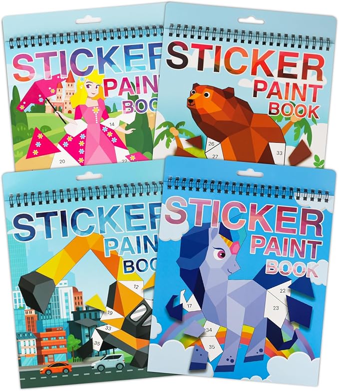 AEAHALY 4 Pack Paint by Sticker for Kids Crafts for Kids Ages 4-8 Sticker by Number Books Boys and Girls Birthday Gifts Party Favor, Travel Toys for Toddlers Learning (Princess+Animal+Horse+Vehicle)