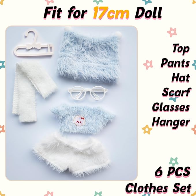 17cm Doll Clothes Set, Cute Outfits for Clothes and Glasses, 5 PCS Cute Hat & Overalls Set Stylish Outfits for Boys Girls Exquisite Accessories