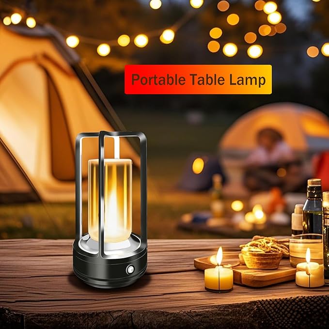 Portable Metal Table Lamp, 4000 mAh Rechargeable Outdoor Table Lamp, 3 Color Stepless Dimmable Cordless Lamp for Patio/ Camping/ Bar /Coffee Shop /Camping/ Indoor/Outdoor(Black)